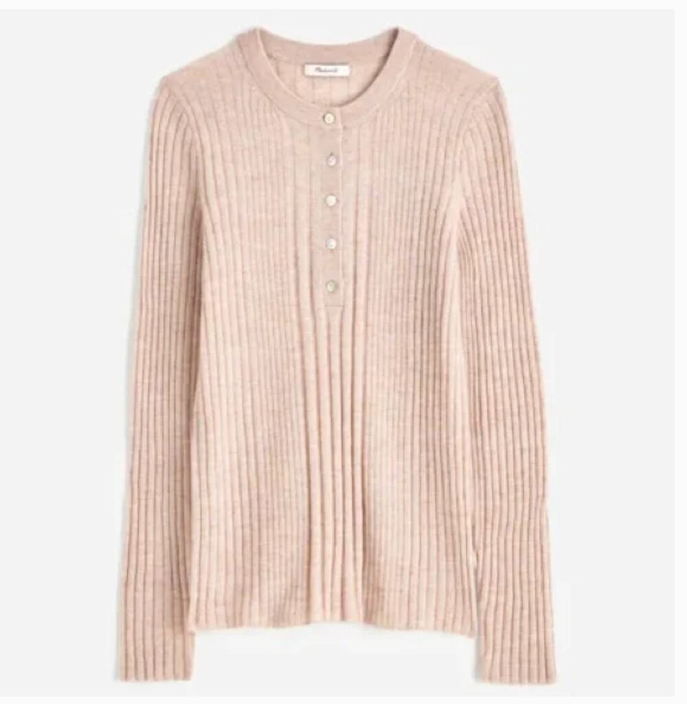 Madewell Alpaca Henley Sweater L NWT Sand Tan Rose Pink NS659 Ribbed Button